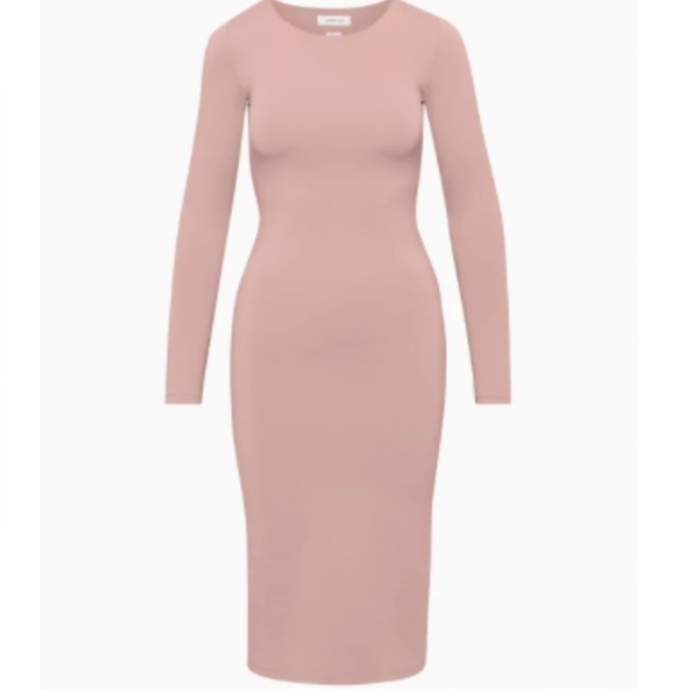 Babaton Pink Fitted Long sleeve contour crew midi dress